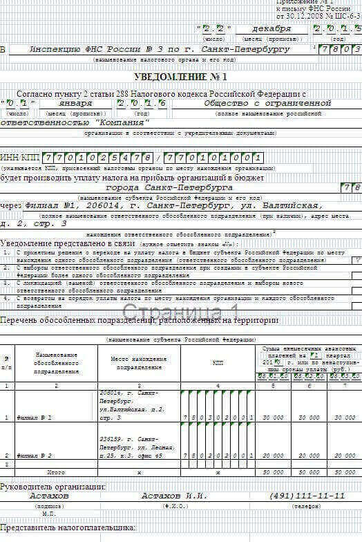 Уведомление о выборе подразделения для уплаты налога на прибыль