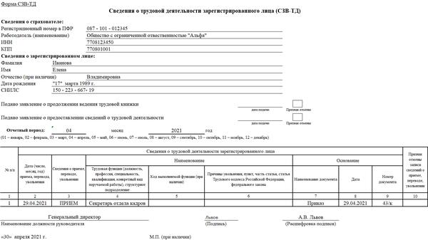 Новая форма СЗВ-ТД в 2021 году: бланк и образец
